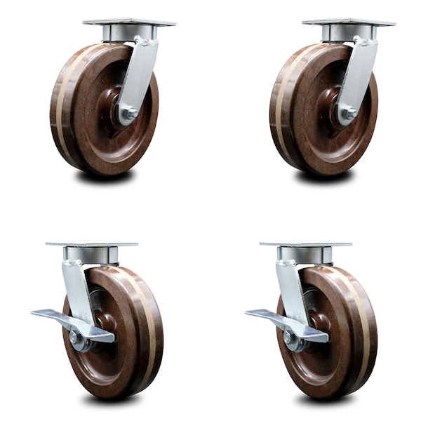 8 Inch Kingpinless High Temp Phenolic Wheel Swivel Caster Set with 2 Brakes SCC